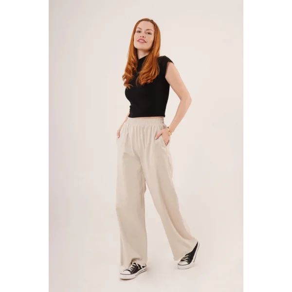 Bel astikli Paça Detaylı Cepli Krem Pantolon