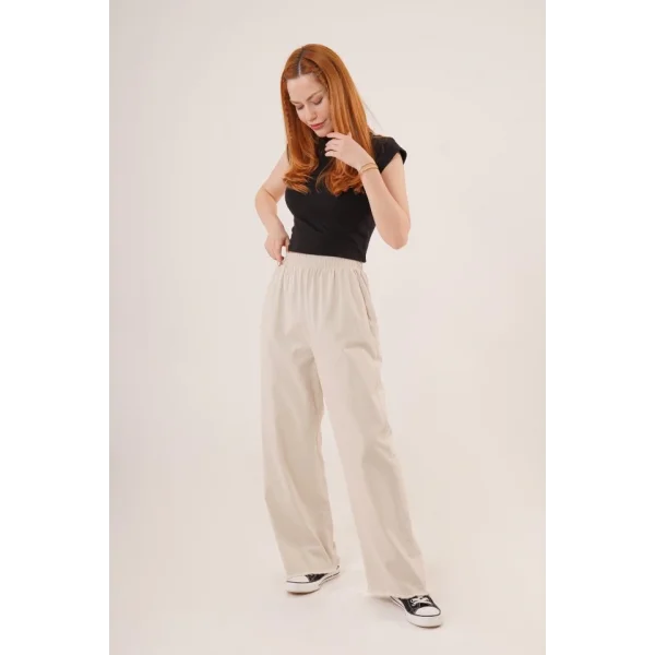 Bel astikli Paça Detaylı Cepli Krem Pantolon