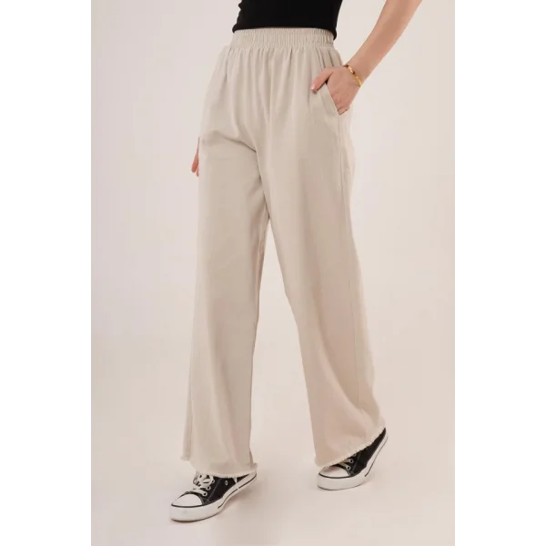 Bel astikli Paça Detaylı Cepli Krem Pantolon