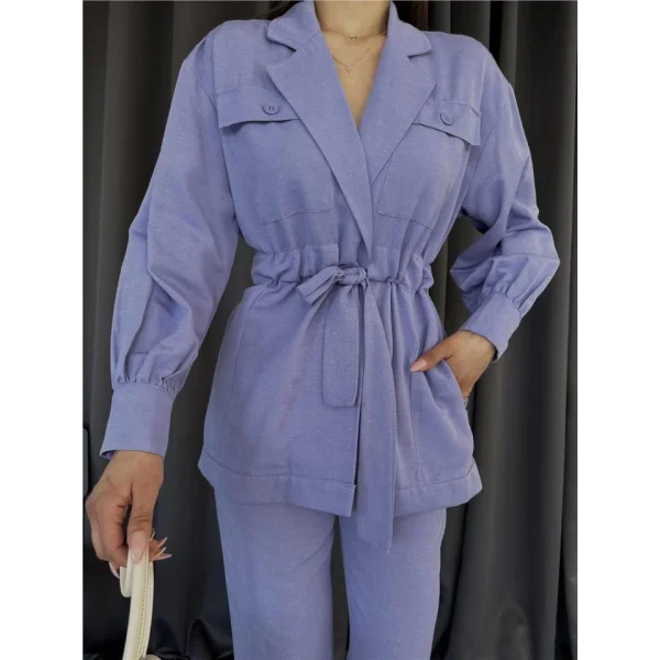 BEL BÜZGÜ DETAYLI PANTOLON - CEKET TAKIM KETEN - Lila