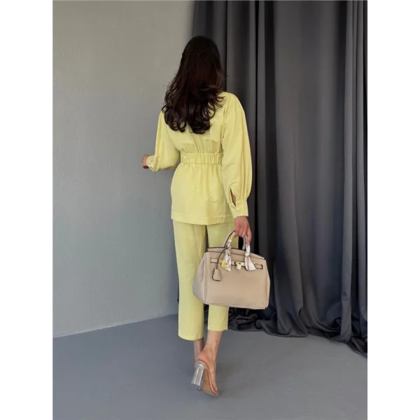BEL BÜZGÜ DETAYLI PANTOLON - CEKET TAKIM KETEN - Sarı