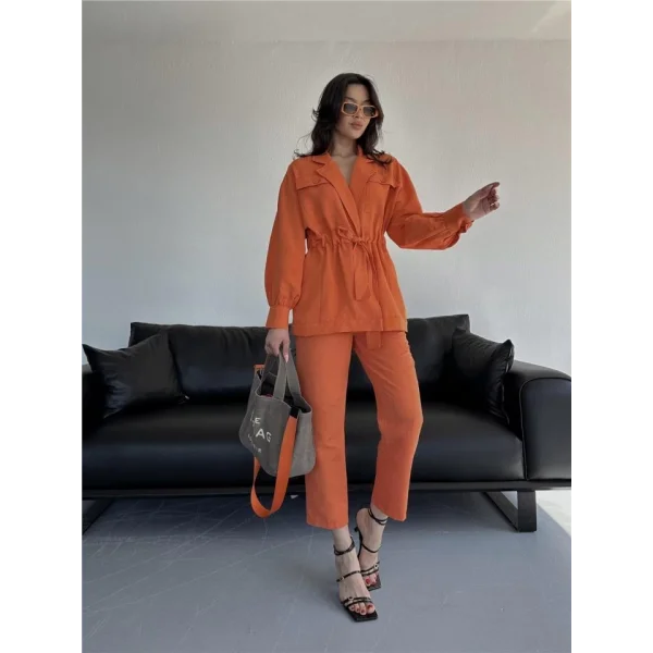 BEL BÜZGÜ DETAYLI PANTOLON - CEKET TAKIM KETEN - Turuncu