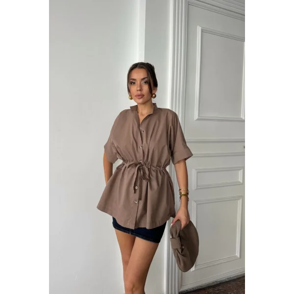 BEL BÜZGÜ DETAYLI POPLİN GÖMLEK - Kahverengi