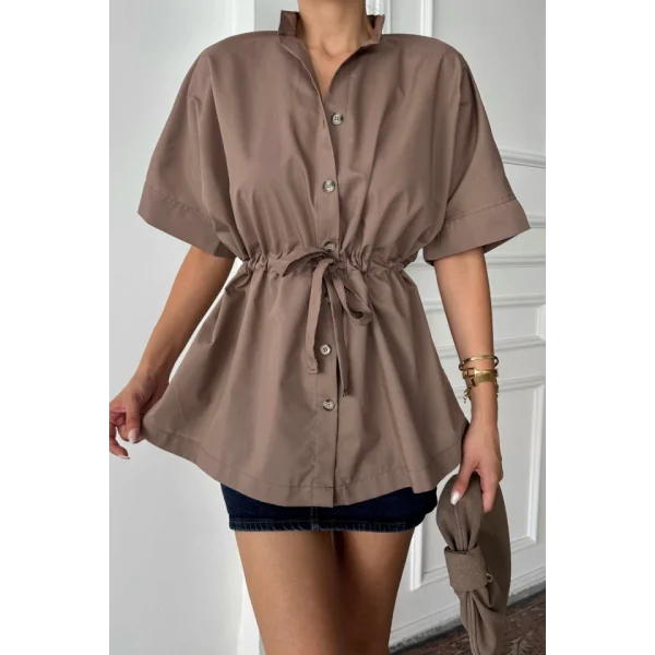 BEL BÜZGÜ DETAYLI POPLİN GÖMLEK - Kahverengi