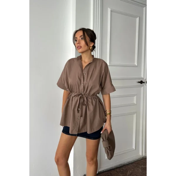 BEL BÜZGÜ DETAYLI POPLİN GÖMLEK - Kahverengi