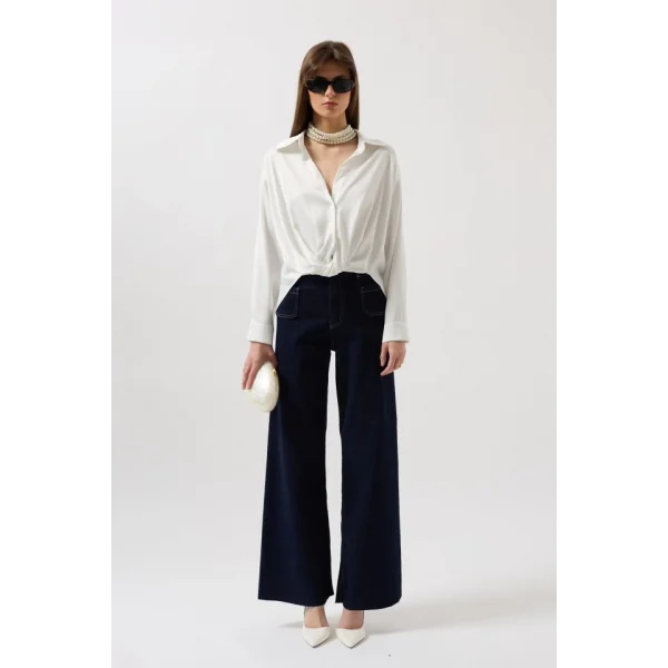 Bel Büzgülü Crop Saten Gömlek