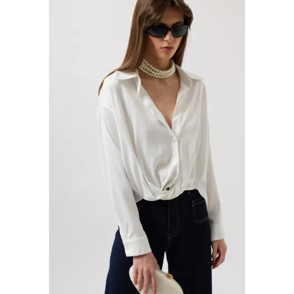 Bel Büzgülü Crop Saten Gömlek