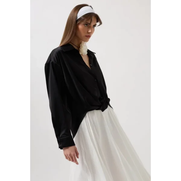 Bel Büzgülü Crop Saten Gömlek