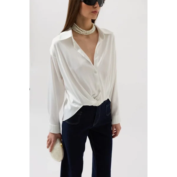 Bel Büzgülü Crop Saten Gömlek