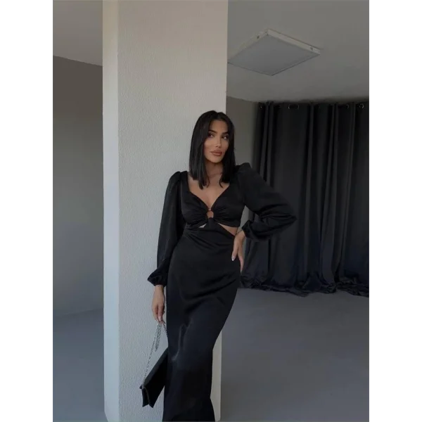 BEL DEKOLTELİ TOKALI ELBİSE SATEN - Siyah