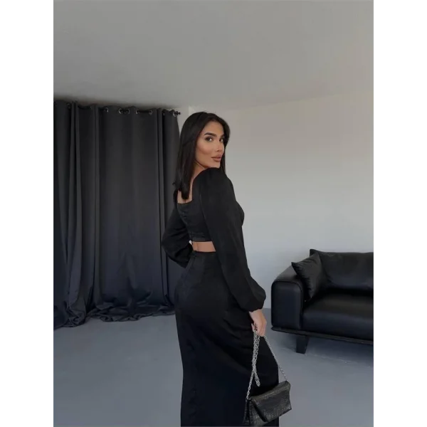 BEL DEKOLTELİ TOKALI ELBİSE SATEN - Siyah
