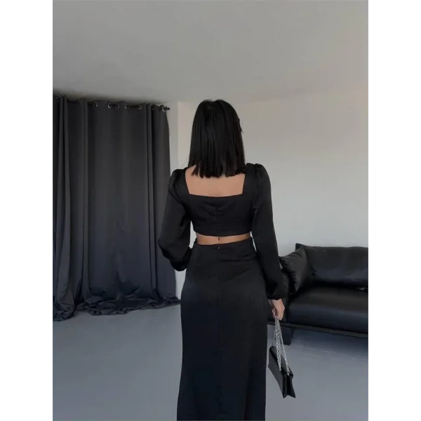 BEL DEKOLTELİ TOKALI ELBİSE SATEN - Siyah