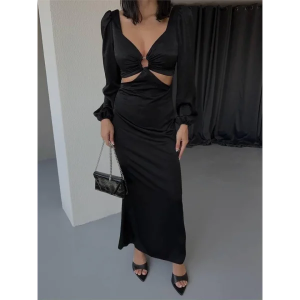 BEL DEKOLTELİ TOKALI ELBİSE SATEN - Siyah
