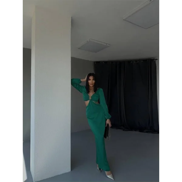 BEL DEKOLTELİ TOKALI ELBİSE SATEN - Zümrüt