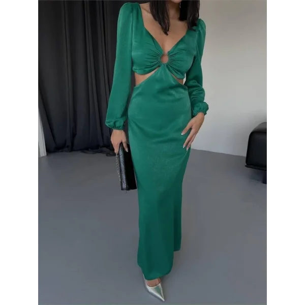 BEL DEKOLTELİ TOKALI ELBİSE SATEN - Zümrüt