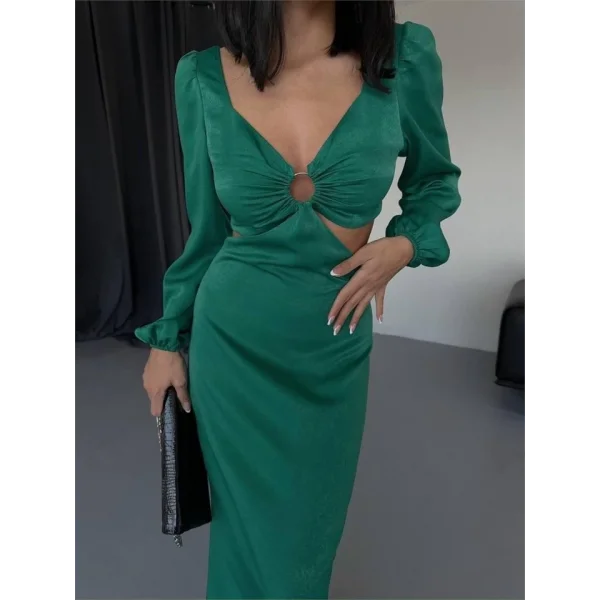 BEL DEKOLTELİ TOKALI ELBİSE SATEN - Zümrüt