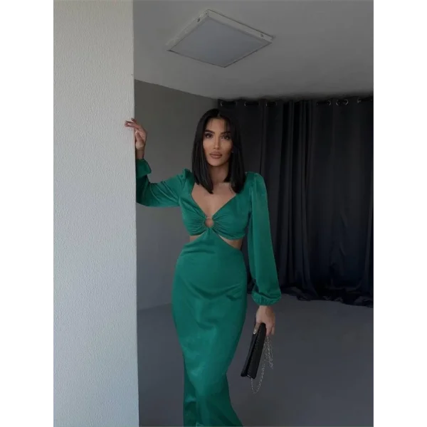 BEL DEKOLTELİ TOKALI ELBİSE SATEN - Zümrüt