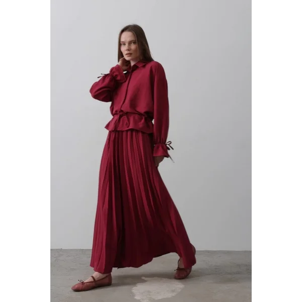 Bel Detaylı Bluz Pileli Etek  Bordo