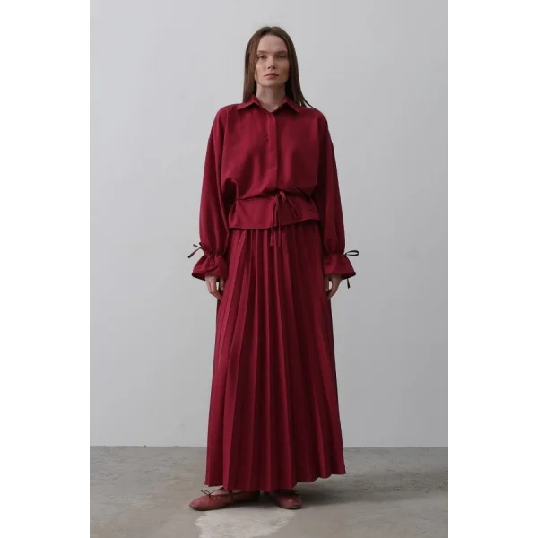 Bel Detaylı Bluz Pileli Etek  Bordo