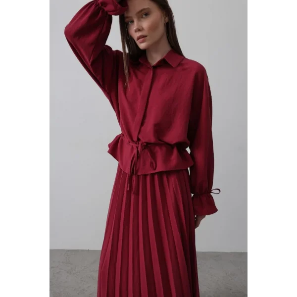Bel Detaylı Bluz Pileli Etek  Bordo