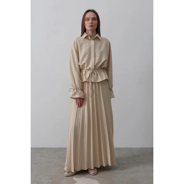 Bel Detaylı Bluz Pileli Etek  Taş