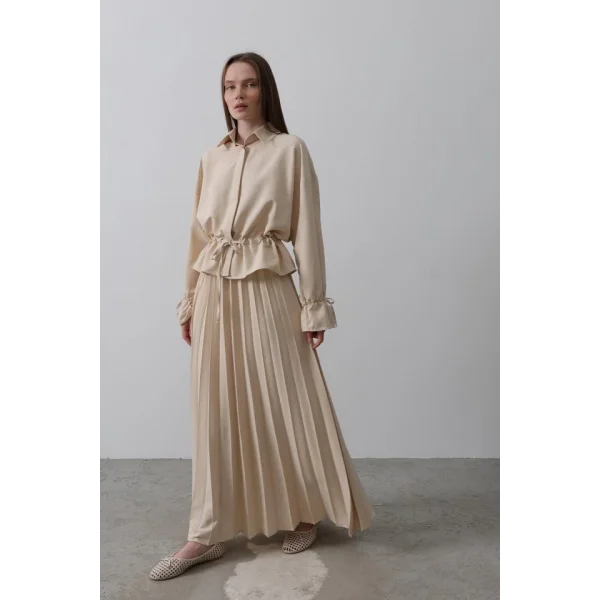 Bel Detaylı Bluz Pileli Etek  Taş