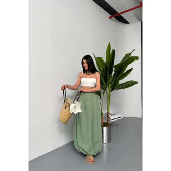 BEL LASTİKLİ BALON ETEK ŞANEL BOY SOFT KUMAŞ - Haki