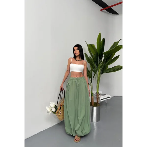 BEL LASTİKLİ BALON ETEK ŞANEL BOY SOFT KUMAŞ - Haki