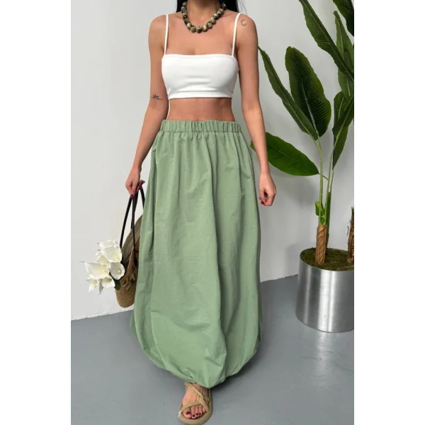 BEL LASTİKLİ BALON ETEK ŞANEL BOY SOFT KUMAŞ - Haki