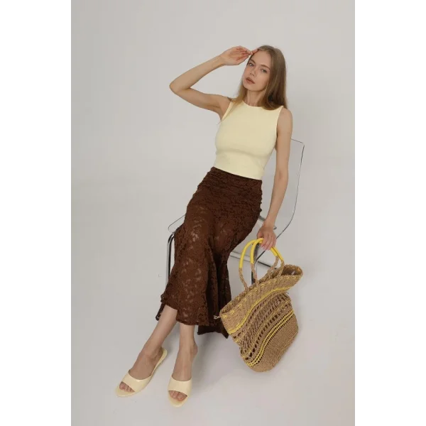 Bel Lastikli Dantel Etek - Kahve