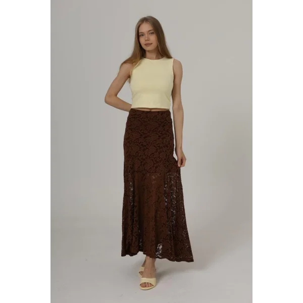 Bel Lastikli Dantel Etek - Kahve