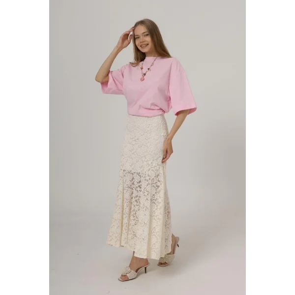 Bel Lastikli Dantel Etek - Krem