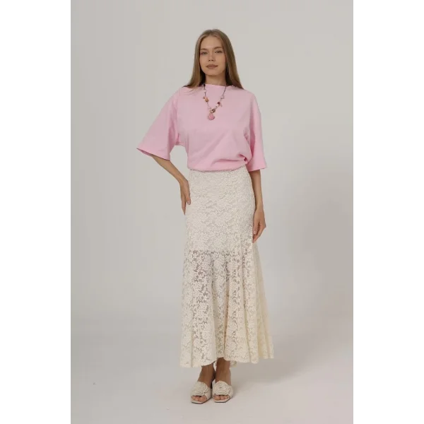 Bel Lastikli Dantel Etek - Krem