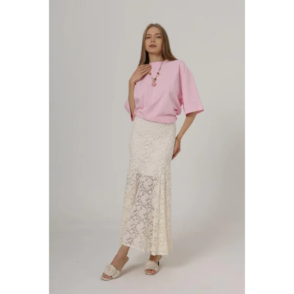 Bel Lastikli Dantel Etek - Krem