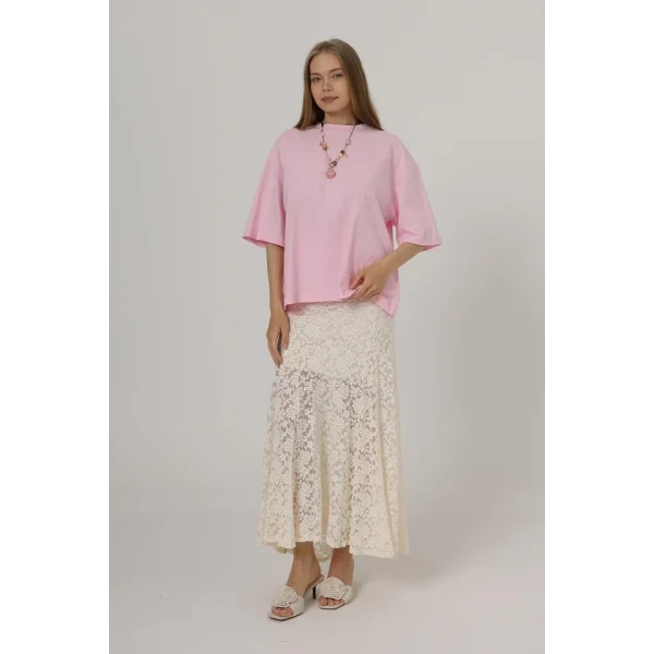 Bel Lastikli Dantel Etek - Krem
