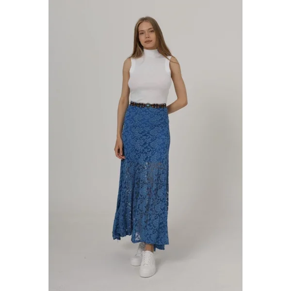 Bel Lastikli Dantel Etek - Mavi