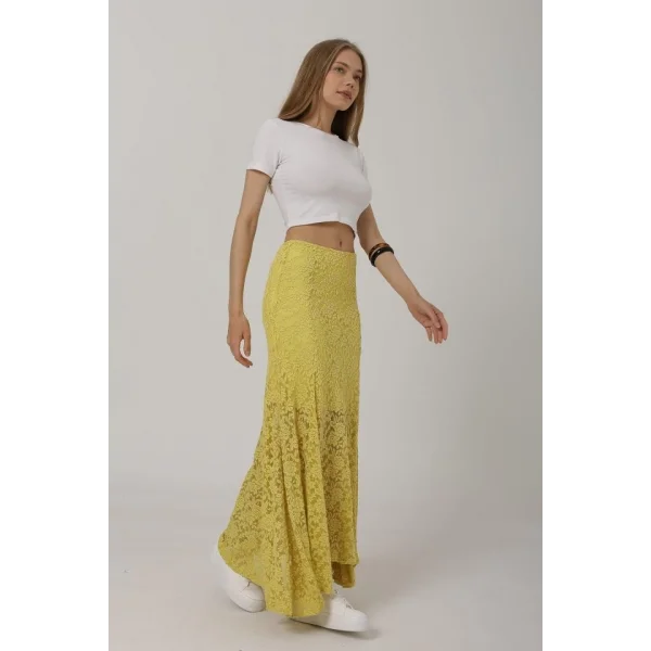 Bel Lastikli Dantel Etek - Sarı
