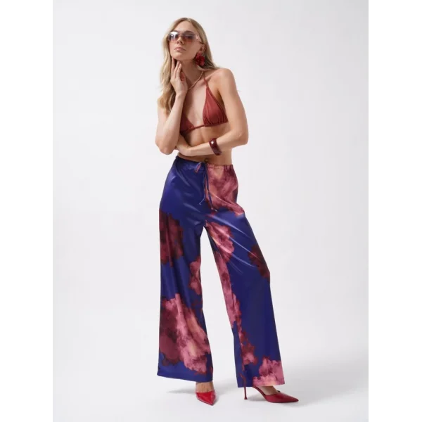 Bel Lastikli Desenli Saten Pantolon