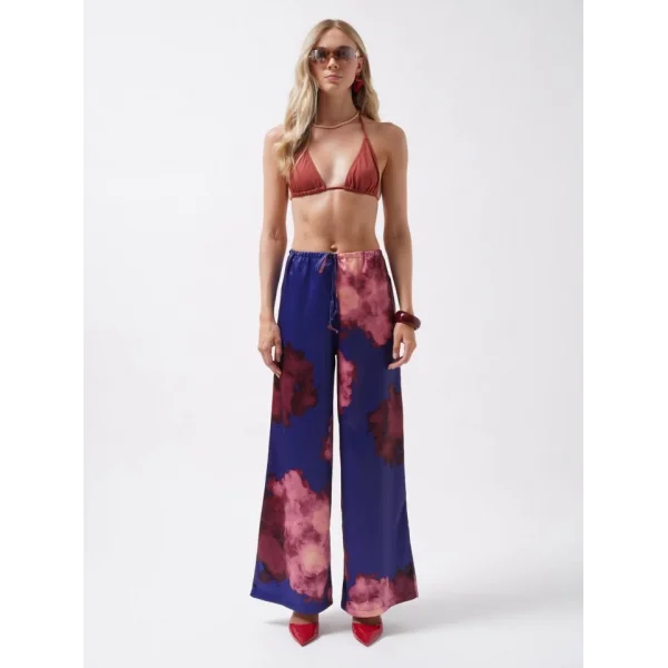 Bel Lastikli Desenli Saten Pantolon