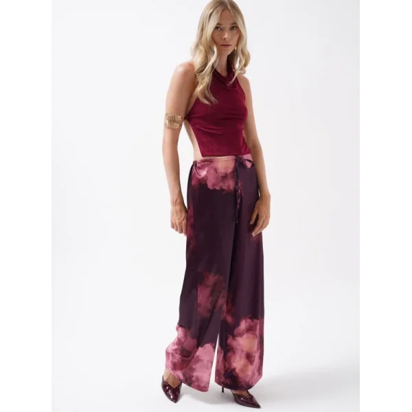 Bel Lastikli Desenli Saten Pantolon