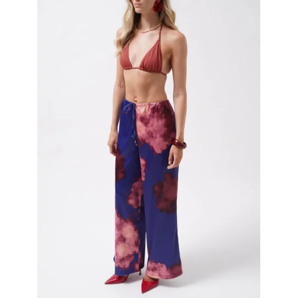 Bel Lastikli Desenli Saten Pantolon