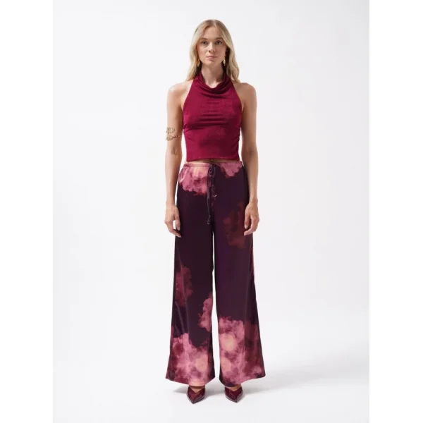 Bel Lastikli Desenli Saten Pantolon