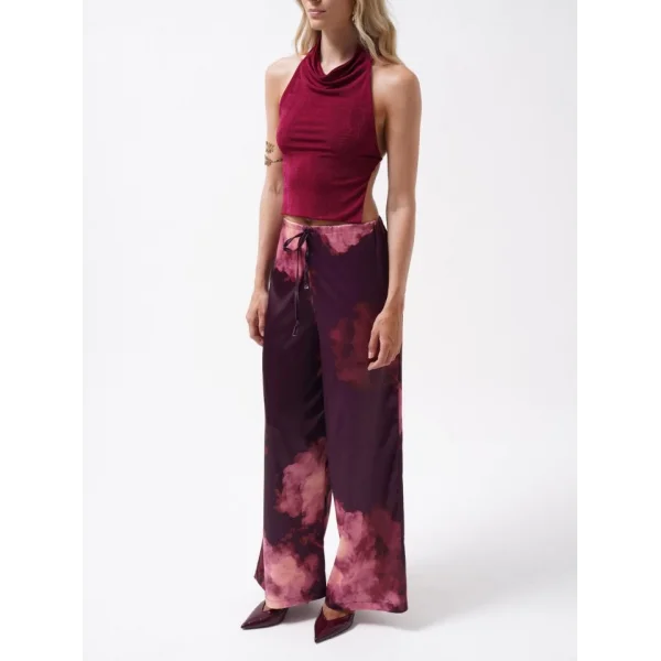 Bel Lastikli Desenli Saten Pantolon