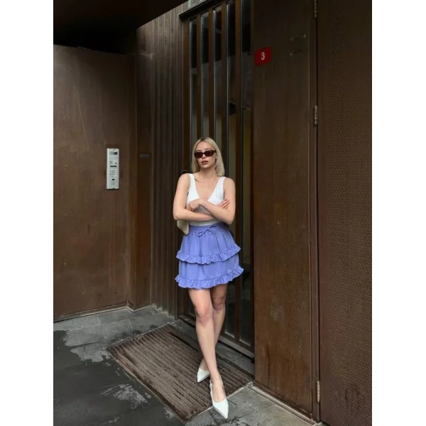 BEL LASTİKLİ KAT FIRFIR DETAYLI KISA ETEK - Lila