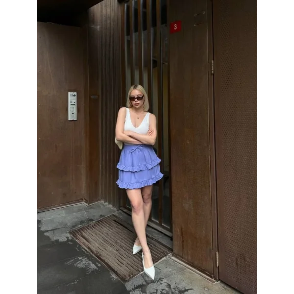 BEL LASTİKLİ KAT FIRFIR DETAYLI KISA ETEK - Lila