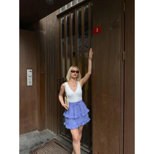 BEL LASTİKLİ KAT FIRFIR DETAYLI KISA ETEK - Mavi