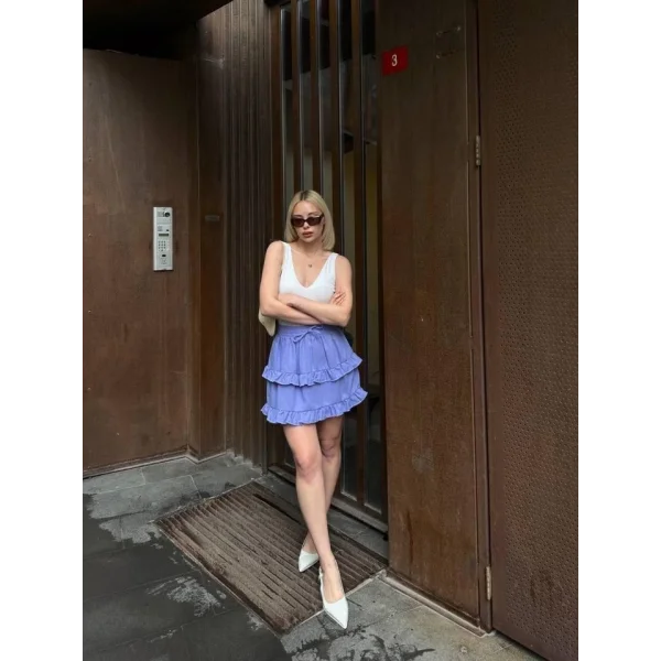 BEL LASTİKLİ KAT FIRFIR DETAYLI KISA ETEK - Mavi