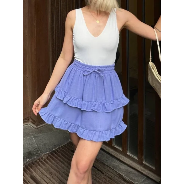 BEL LASTİKLİ KAT FIRFIR DETAYLI KISA ETEK - Mavi