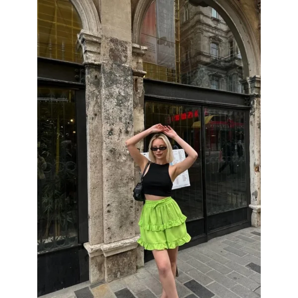 BEL LASTİKLİ KAT FIRFIR DETAYLI KISA ETEK - Neon Yeşil