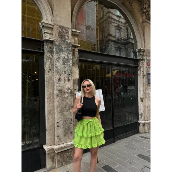 BEL LASTİKLİ KAT FIRFIR DETAYLI KISA ETEK - Neon Yeşil